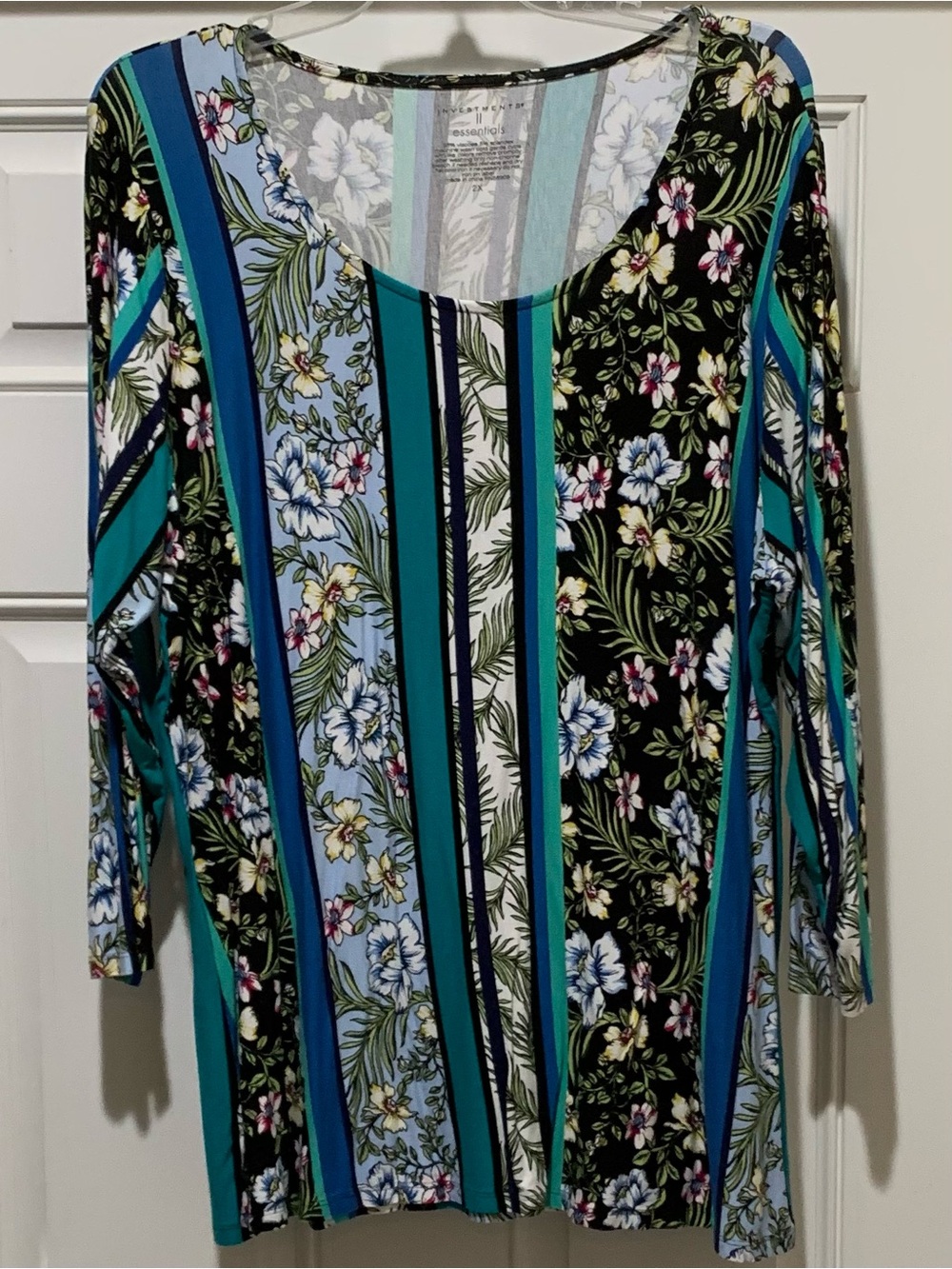 Investments Striped Floral Scoop Neck Teal, Black & Light Blue 3/4 sleeve 2X